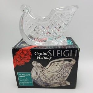 Vintage St George 24% Lead Clear Crystal Holiday Sleigh Christmas Candy Dish